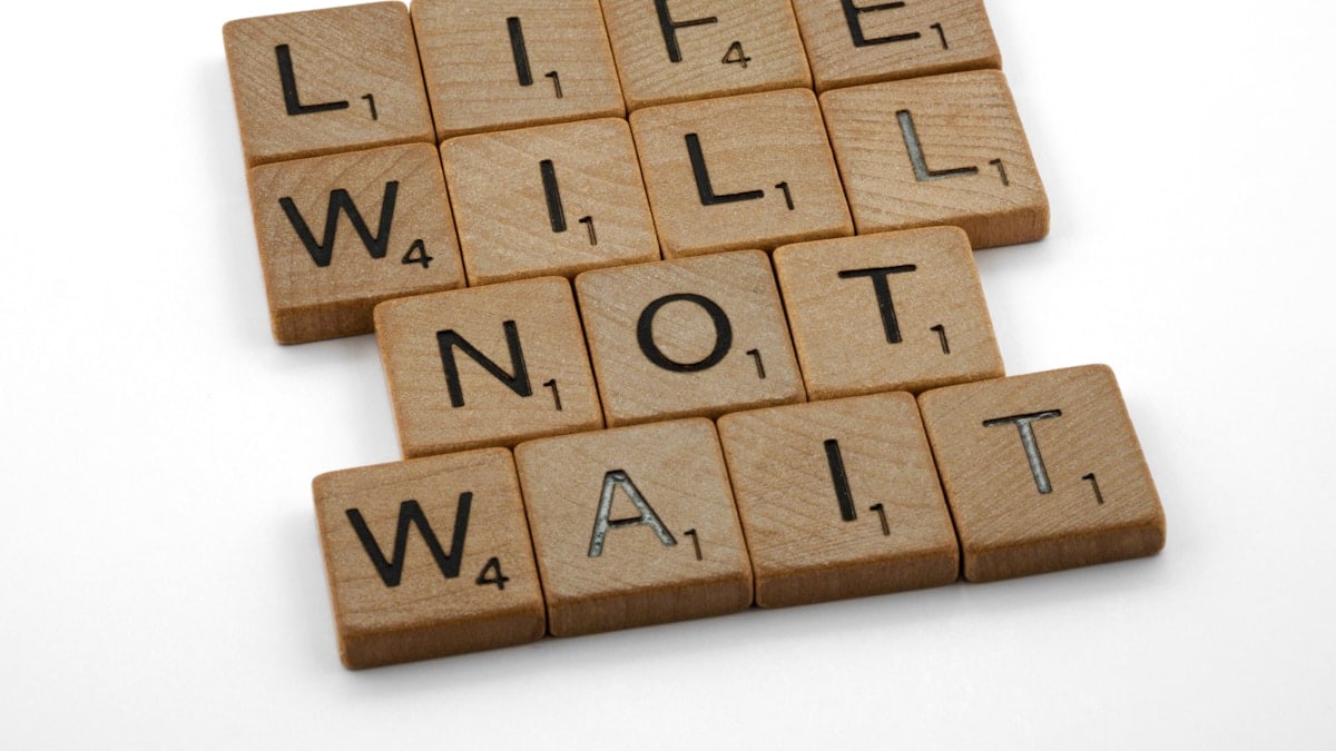 scrabble, scrabble pieces, lettering, letters, wood, scrabble tiles, white background, words, type, typography, design, layout, life will not wait, do it today, seize the day, carpe diem, yolo, procrastination, do something, one life, live life,